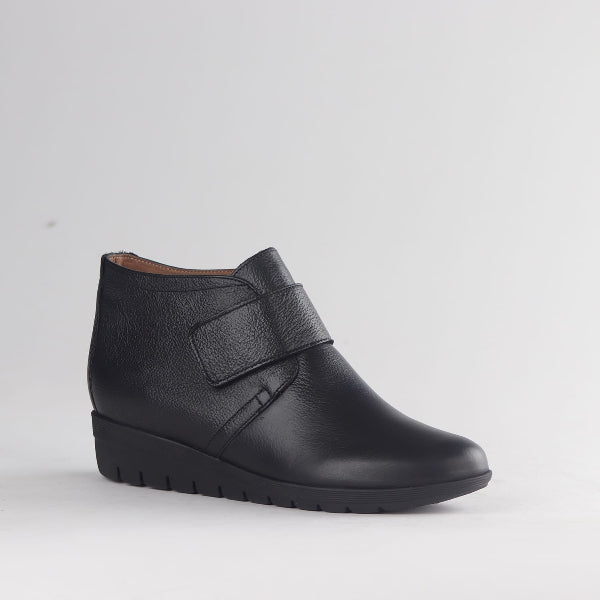 Froggie Shoes Women’s Ankle Boot- Velcro Fastening- Black Leather- 12251 - single - side - angle